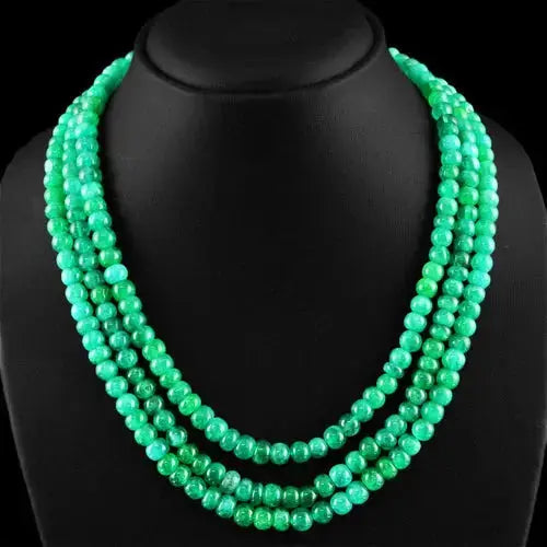 AAA+ Quality GENUINE 505.00 CTS EARTH MINED 3 LINE RICH GREEN EMERALD ROUND BEADS NECKLACE ABC Jewelery